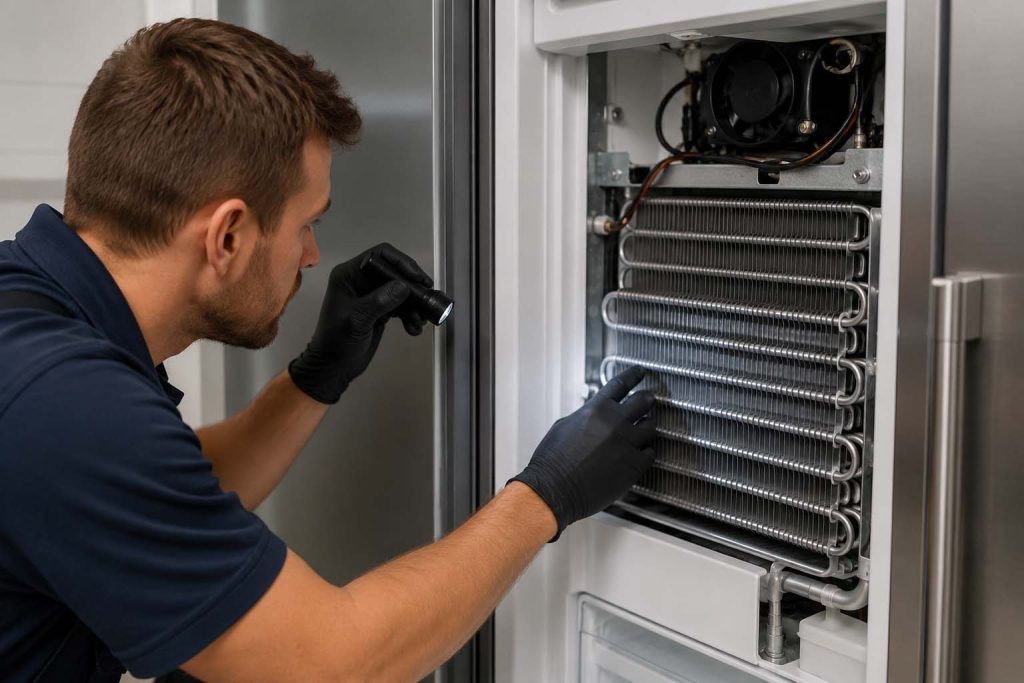 Technician inspecting the evaporator coil in a Thermador built-in freezer column