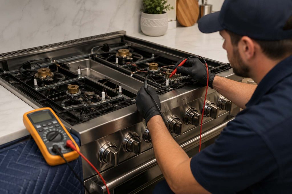 Technician testing the igniter on a Thermador Pro Harmony gas range during a repair visit