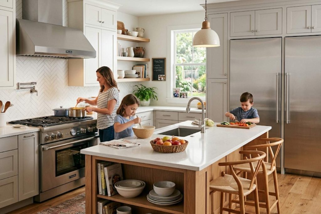 Thermador professional range and built-in refrigerator columns in a family kitchen