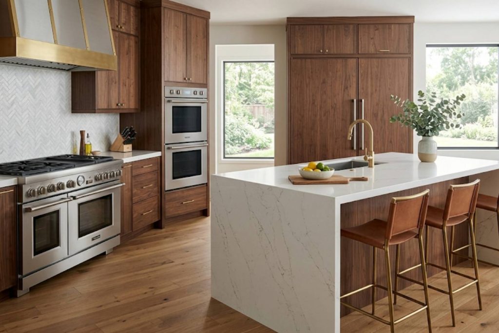 High-end kitchen with Thermador range, wall ovens, and built-in refrigerator columns