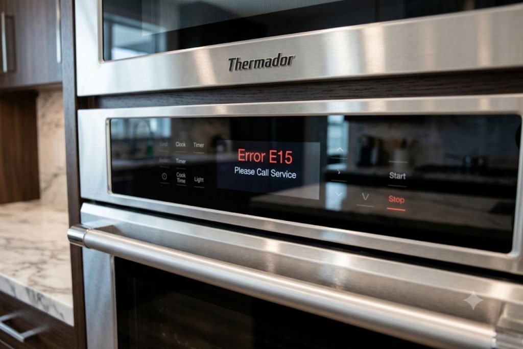 Thermador wall oven display showing an E-series error code with control beeping