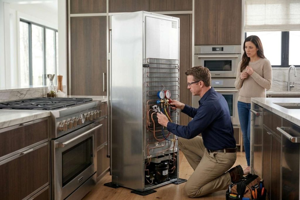Technician servicing the sealed system of a built-in Thermador column refrigerator