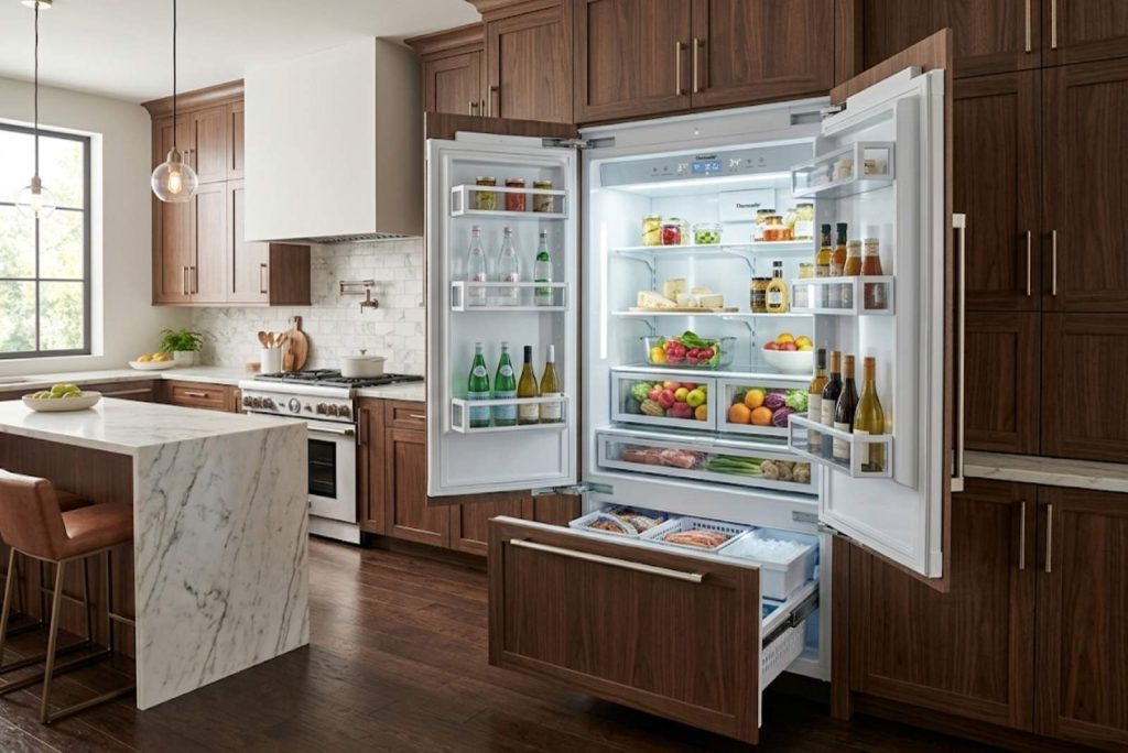 Open built-in Thermador column refrigerator showing the interior control panel in a luxury kitchen
