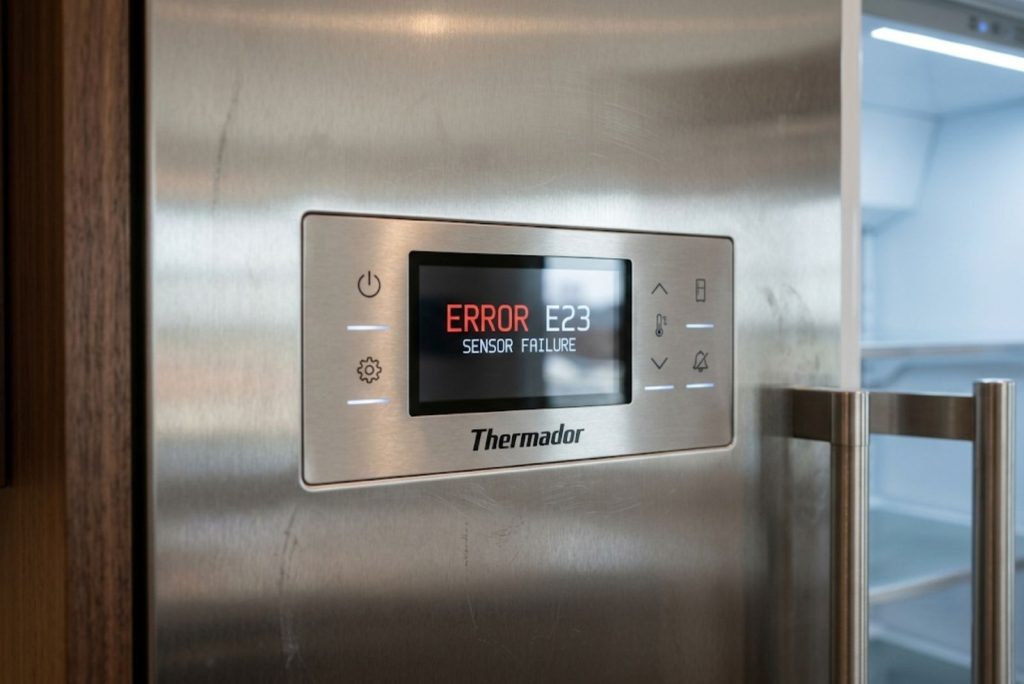 Thermador built-in refrigerator control panel showing an E-series error code