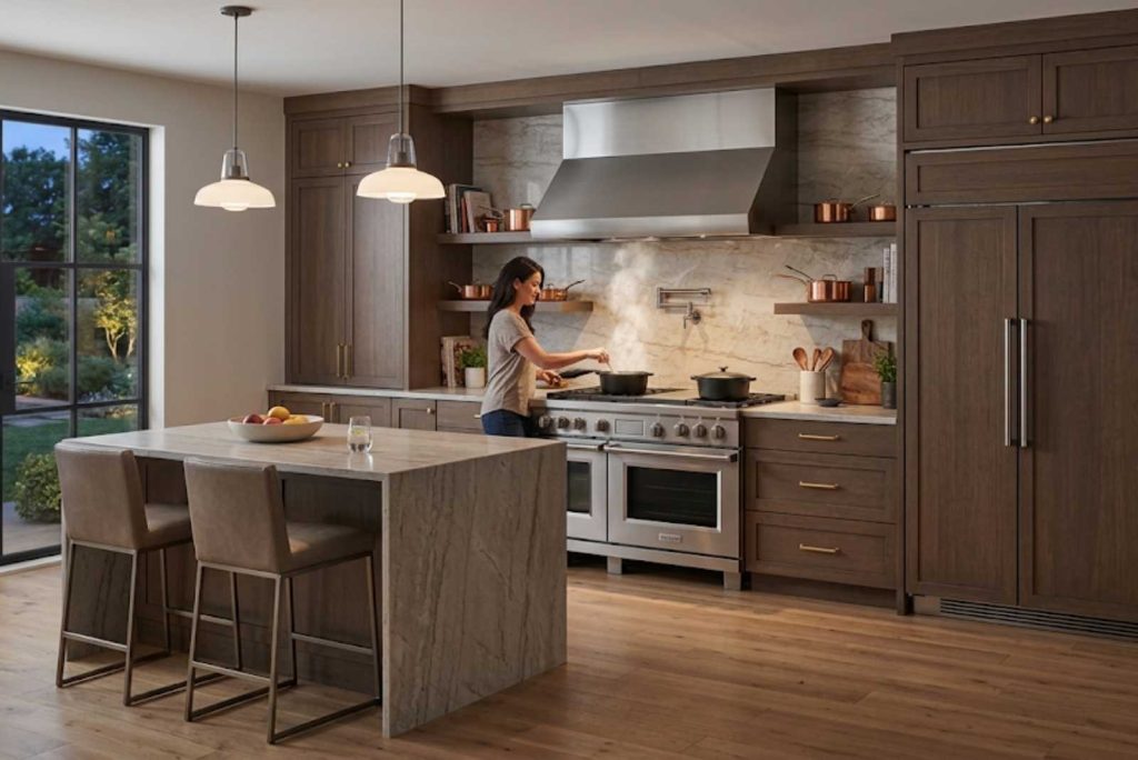 Pro-style range and built-in refrigeration in a luxury residential kitchen