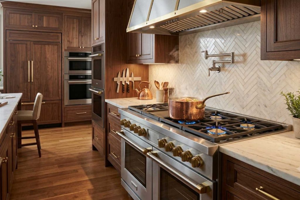 Professional gas range with sealed burners in a high-end kitchen