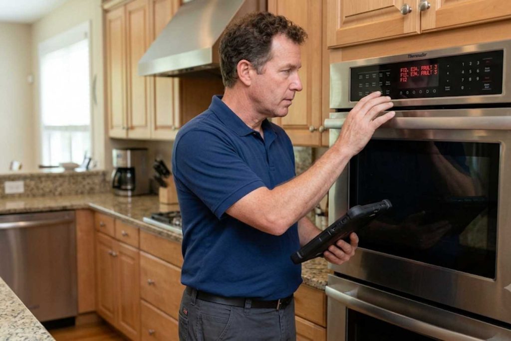 Technician reading fault codes from a Thermador oven control panel