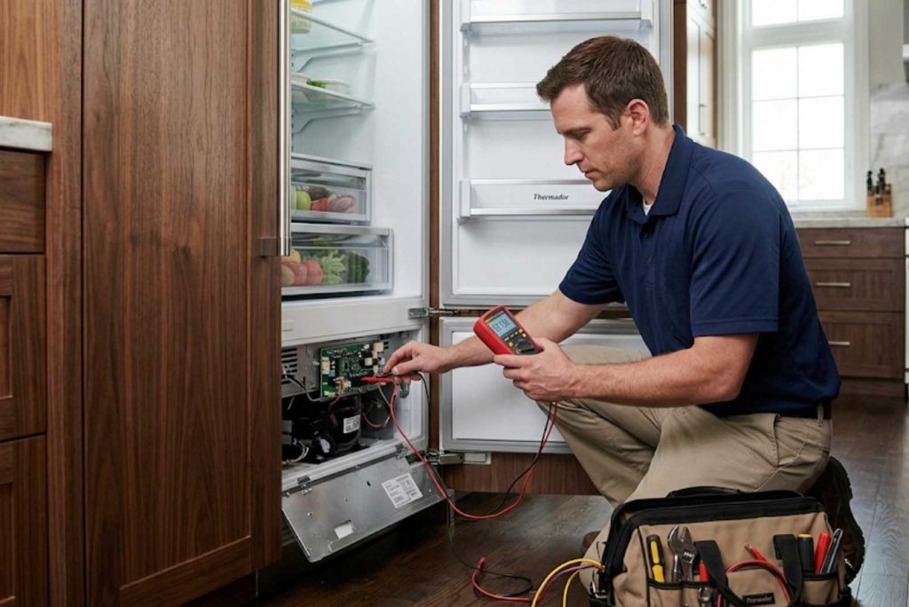 Technician testing a Thermador built-in refrigerator sensor with a multimeter