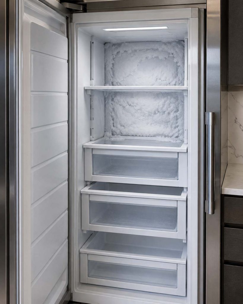 Thermador built-in freezer column with frost buildup on the interior back wall