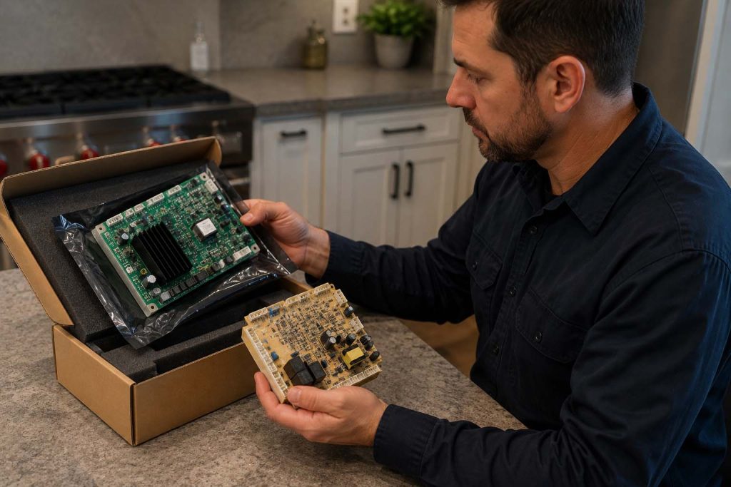 Technician removing the internal ice maker assembly from a Thermador built-in refrigerator column