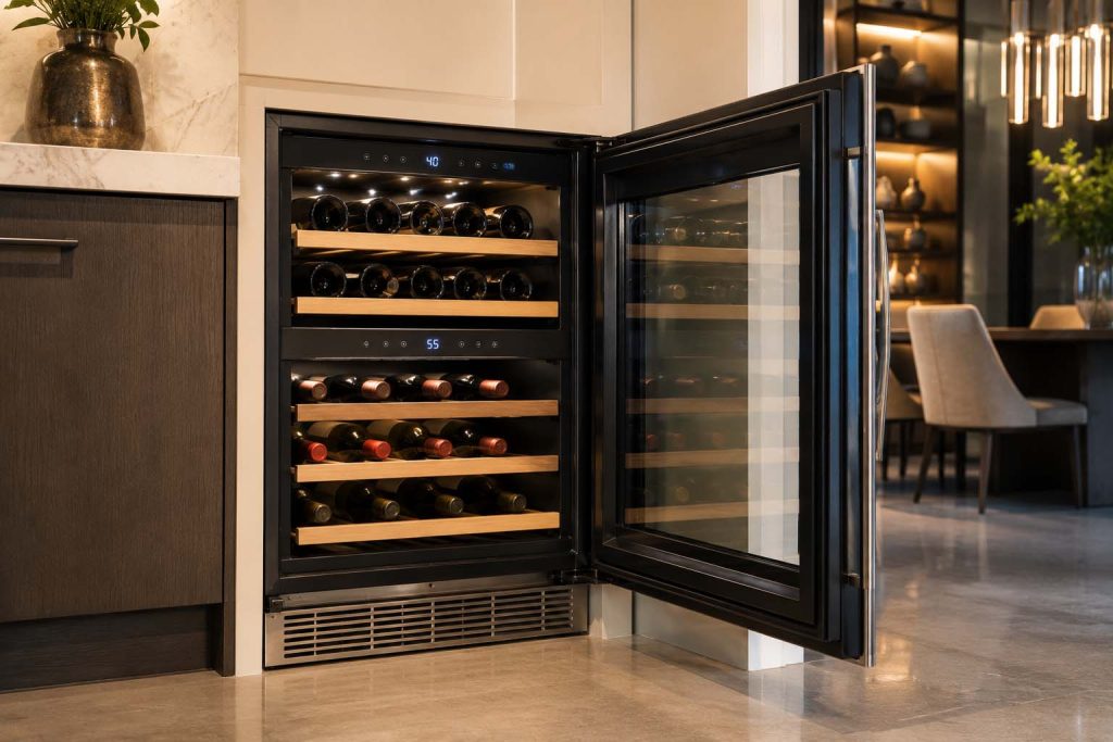 Built-in Thermador dual-zone wine cooler with door open showing two temperature zones