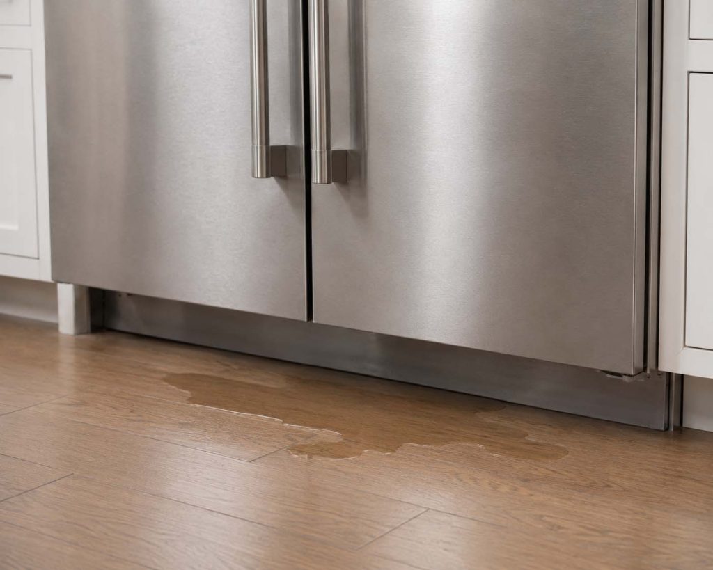 Water pooling on a kitchen floor beneath a stainless built-in Thermador refrigerator