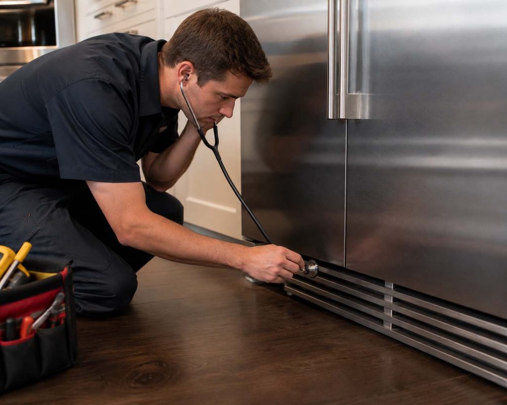 Technician listening near the lower rear condenser area of a refrigerator to locate noise