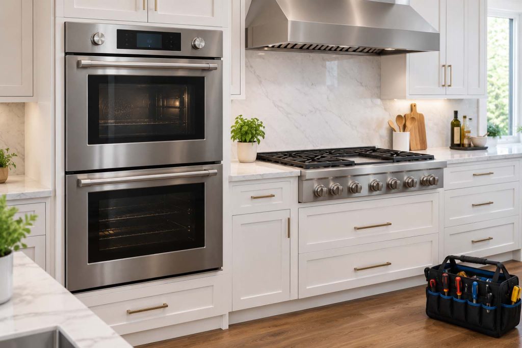 Thermador wall oven and gas range in a modern kitchen, ready for troubleshooting