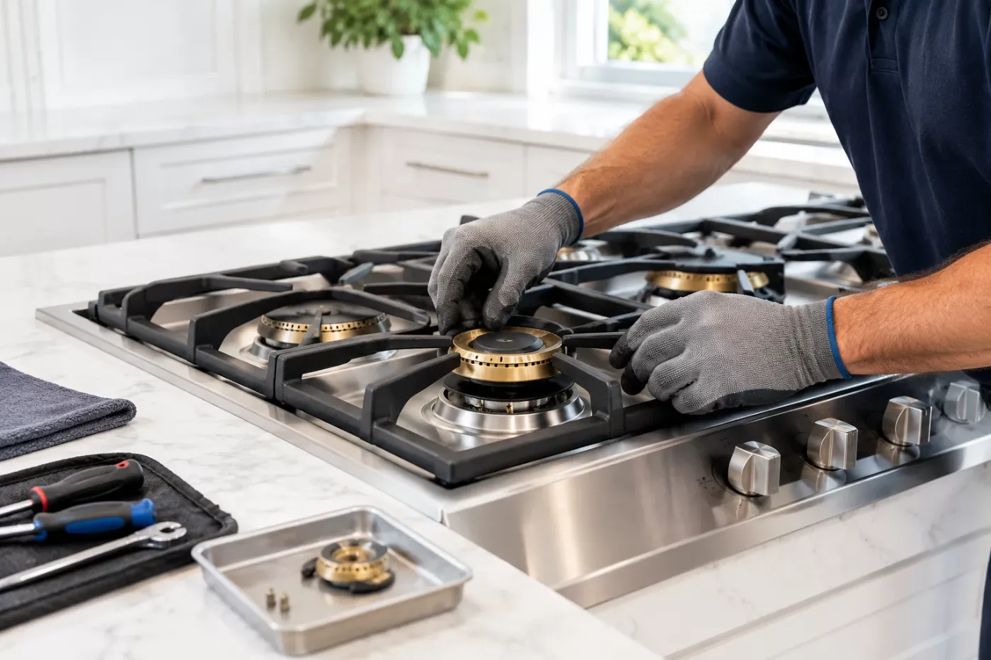 Technician in gloves servicing the burner cap on a gas cooktop