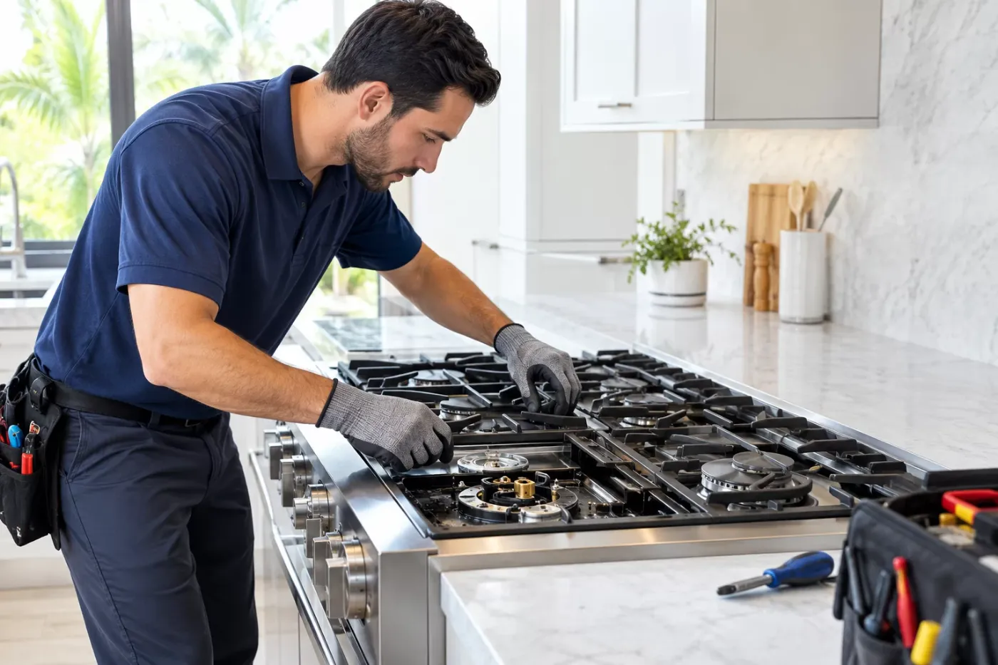 Technician in gloves servicing the burners of a gas range in a modern kitchen