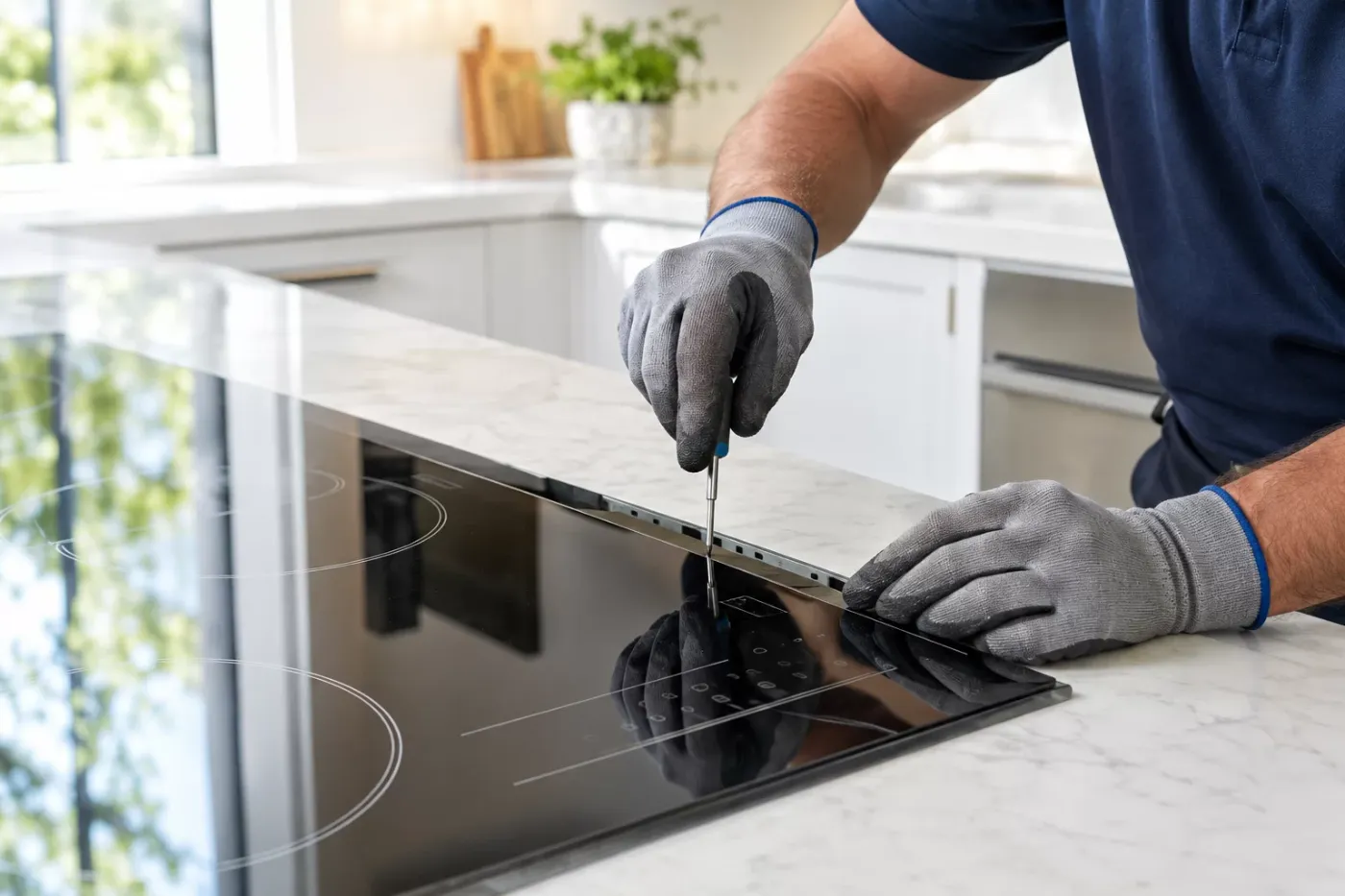 Technician in gloves using a screwdriver at the edge of an induction cooktop glass top
