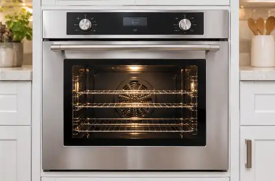 Stainless steel built-in wall oven in a white kitchen
