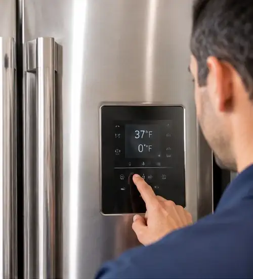 Technician checking the temperature display on a stainless steel refrigerator