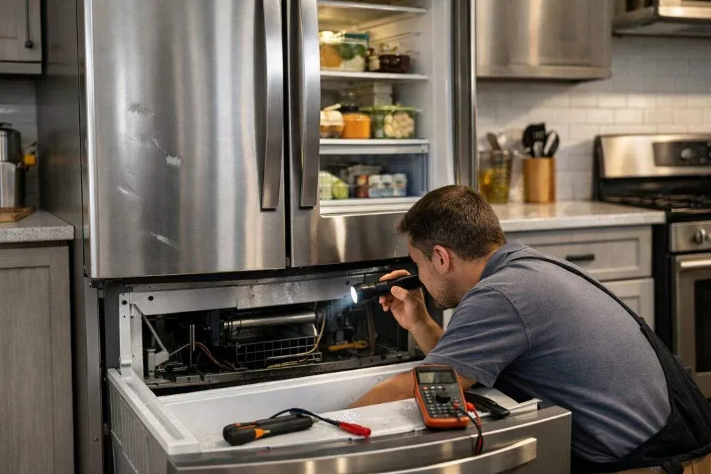 Technician diagnosing the lower compartment of a stainless steel refrigerator with a flashlight and multimeter