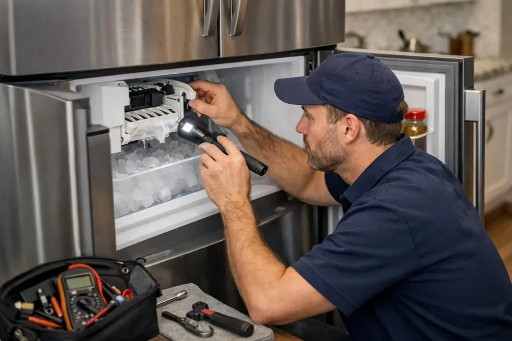 Technician inspecting the ice maker assembly inside a stainless steel refrigerator freezer