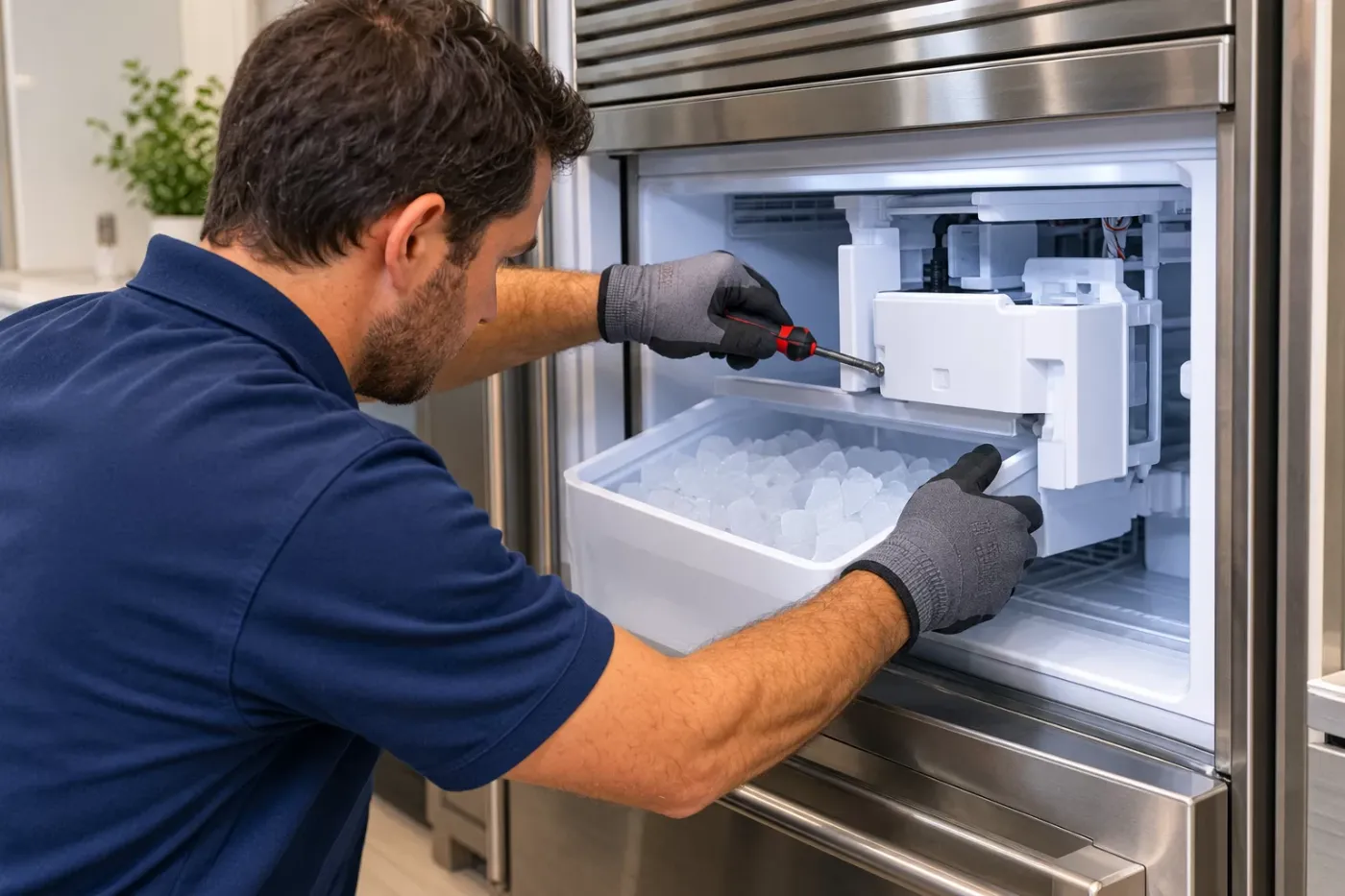 Technician in gloves repairing the ice maker above the ice bin in a built-in stainless steel refrigerator