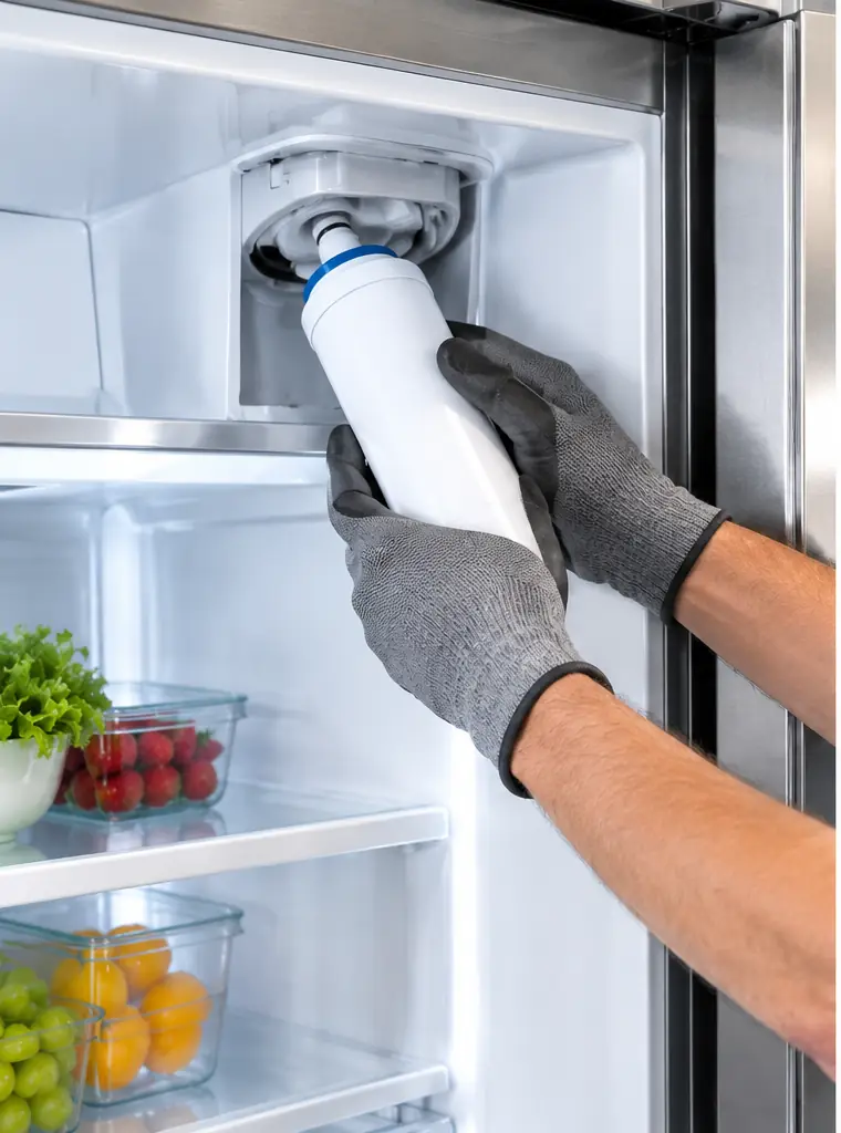 Illustration of two gloved hands inserting a white water filter into a refrigerator filter housing