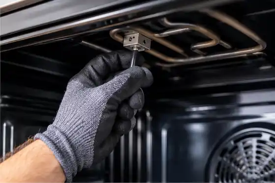 Technician's gloved hand at the bake element inside an oven