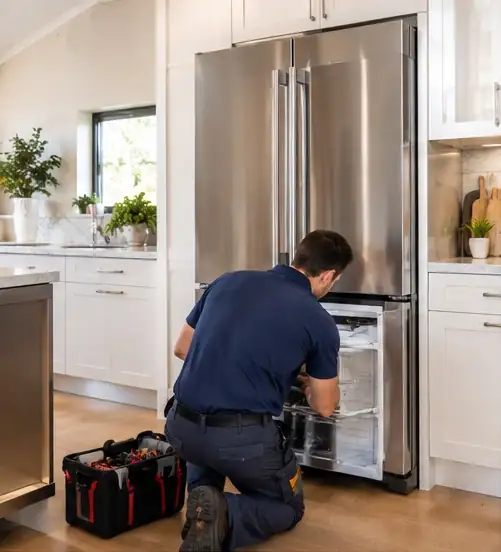 Technician kneeling to service a built-in stainless steel refrigerator in a kitchen