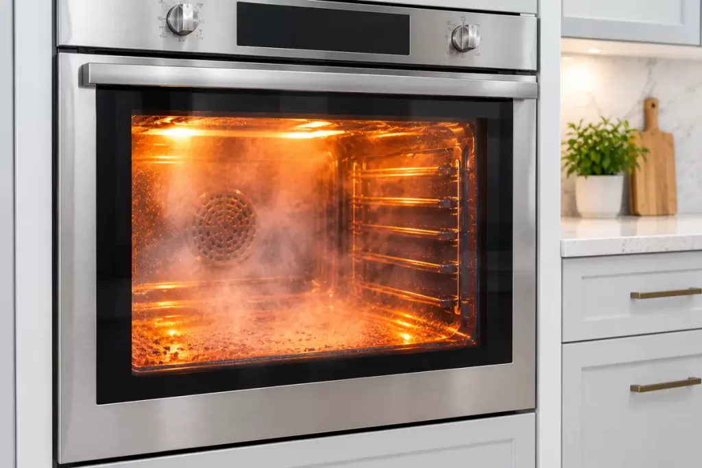 Illustration of a built-in oven interior glowing during a self-clean cycle with the door closed