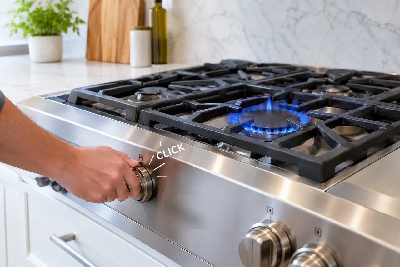 Hand turning a Thermador gas range knob to the ignite position as the burner clicks