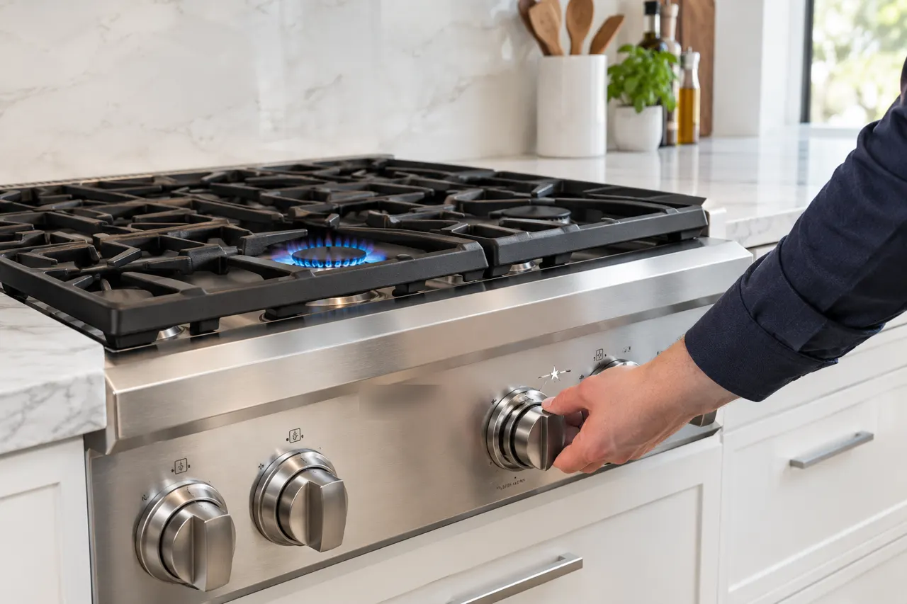 Hand turning a Thermador rangetop knob with a blue burner flame lit