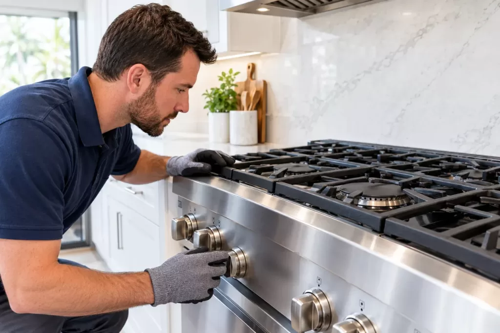 Technician examining a Thermador gas rangetop burner in a kitchen